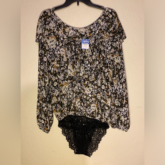NWT Free People Floral Print Black Combo/Lace Bodysuit - Picture 5 of 9